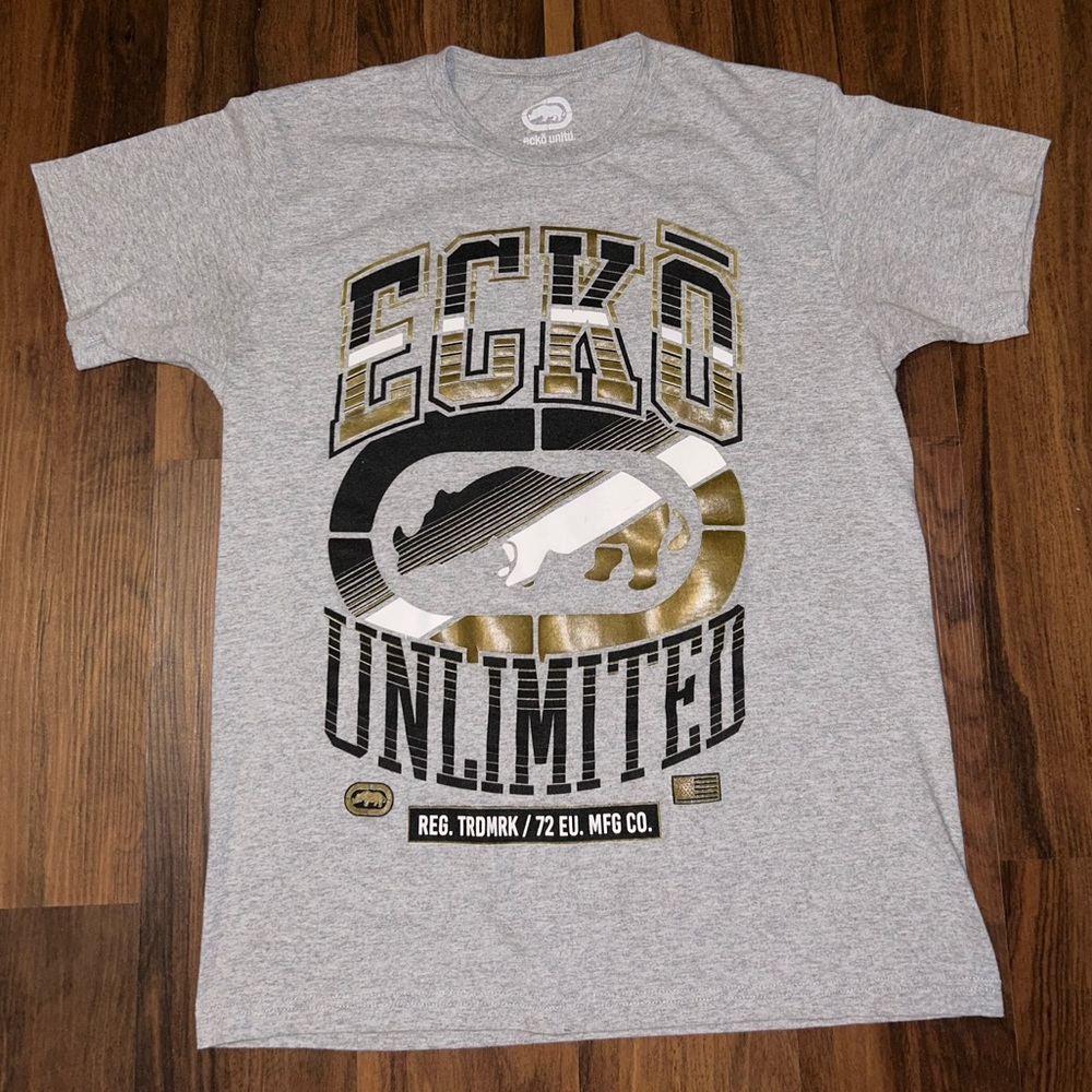 Vintage Y2K Ecko UNLTD T Shirt Adult Size Men’s Large Grey Rhino Puff Print Read